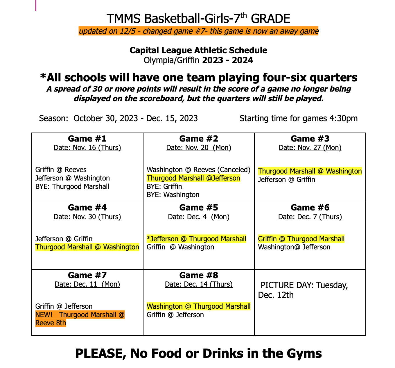 7th girls basketball schedule
